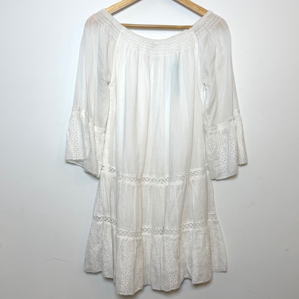 Mele Beach White Eyelet Off Shoulder Tiered Mini Dress Boho Resort NWT One Size